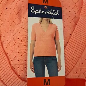 Splendid Short Sleeve Sweater Womens M Pink NWT Pointelle V-Neck 897-239-B8